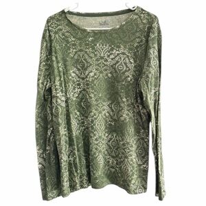 Croft & Barrow Womans Olive Green Floral-Print Long Sleeve Tee Size XL PTP 19.5”